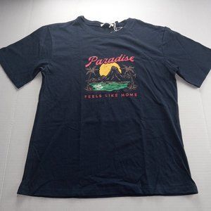 Pretty Baby Women's Tee T-Shirt Size Medium Navy Blue Paradise Print Top